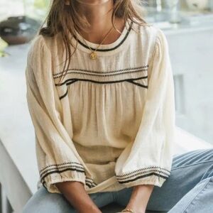 NWT Bohme Valentina Bohemian XL Blouse Beige Cotton Black Trim 3/4 Sleeve